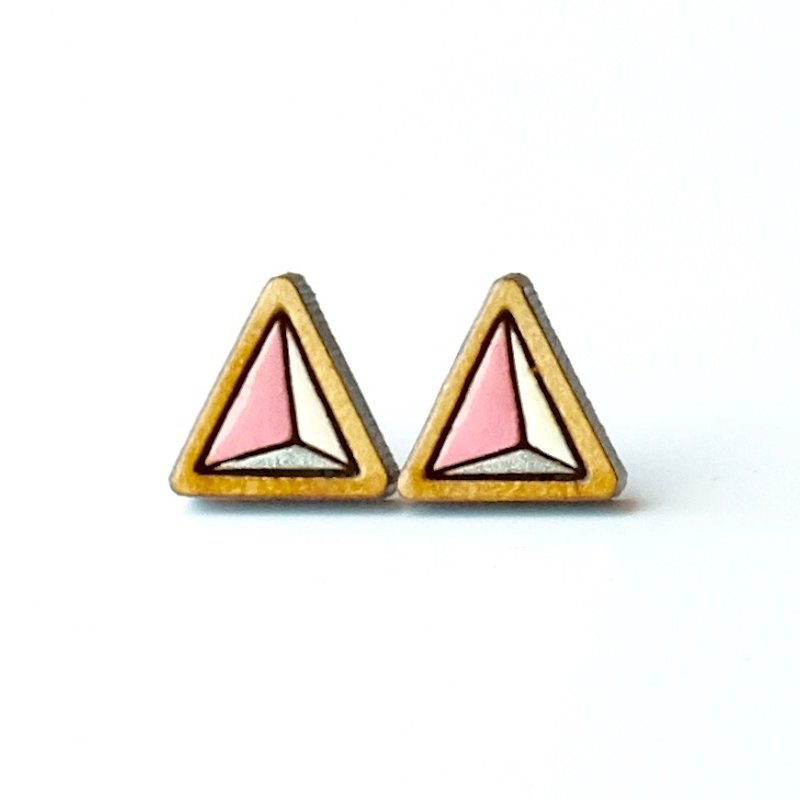 彩繪木耳環-三分三角形(粉紅) - 耳環/耳夾 - 木頭 粉紅色
