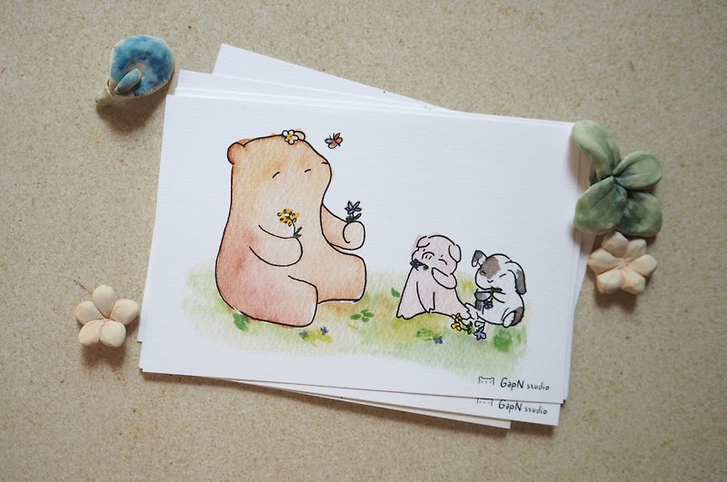 Bears Pig year 2019 postcard Flower for us - Cards & Postcards - Paper Green