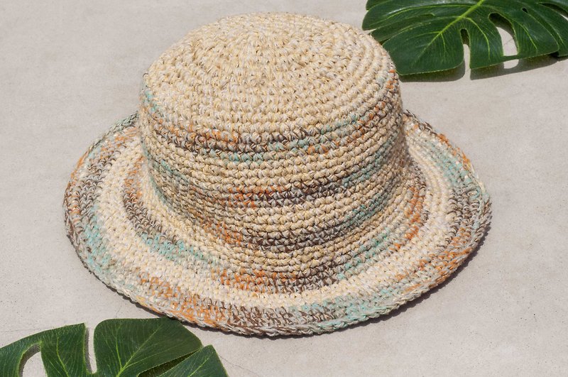 Hand-knitted cotton and linen cap knit hat fisherman hat sun hat straw hat - French peanut rainbow macarons - Hats & Caps - Cotton & Hemp Multicolor