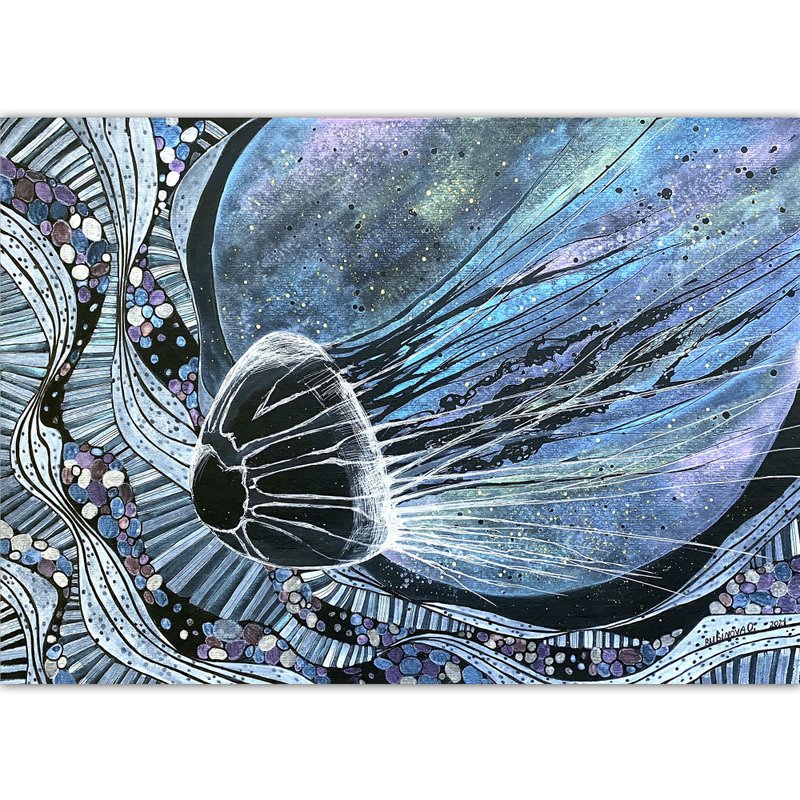 Jellyfish painting Original art Futurism wall art Galaxy art Black paper artwork - 海報/掛畫/掛布 - 紙 藍色