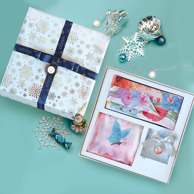 [Christmas Gift Box] Three-piece set of classic floral square scarf + headband scarf + scarf buckle free Christmas packaging - Scarves - Other Materials 