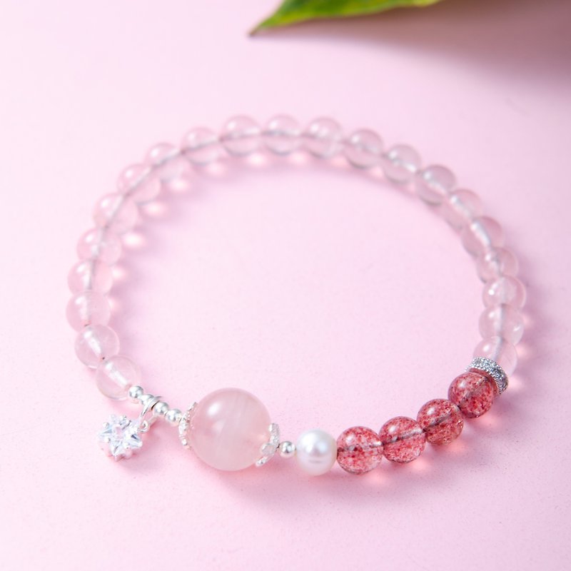 Rose Quartz, Pearl, 925 sterling silver Natural Gemstone Crystal Bracelet - Bracelets - Crystal Pink