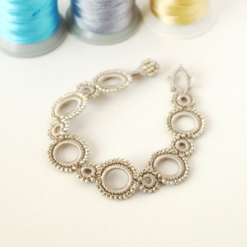 OYA crochet Bracelet【RING】Beige and Silver - Bracelets - Thread Brown