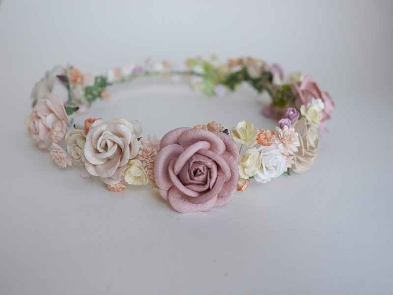 Paper Flower tiara , flowers Crown, DIY Headband, Wedding, adjust size - 髮夾/髮圈 - 紙 粉紅色