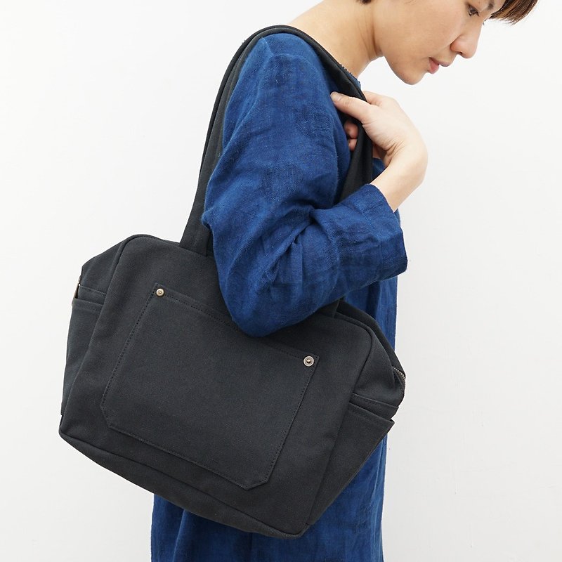 Mushroom MOGU/canvas shoulder tote bag/black/HAVE A NICE DAY/small style - Messenger Bags & Sling Bags - Cotton & Hemp Black