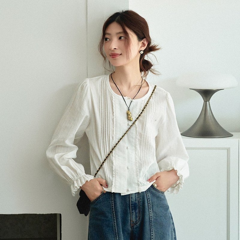 白色木耳邊蕾絲襯衫|襯衫|夏秋款|Sora-1580 - 女襯衫 - 棉．麻 白色