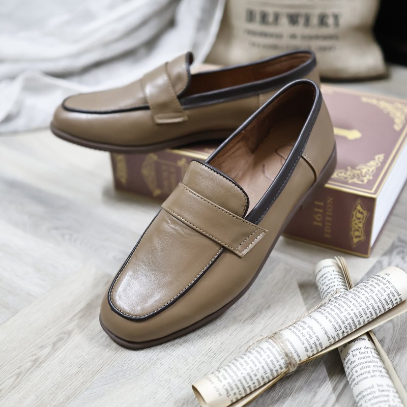 Spliced ​​small leather shoes, handmade genuine leather women's shoes, wide last shoes, large size women's shoes, made in Taiwan, lady's shoes - Brown - Women's Oxford Shoes - Genuine Leather Khaki