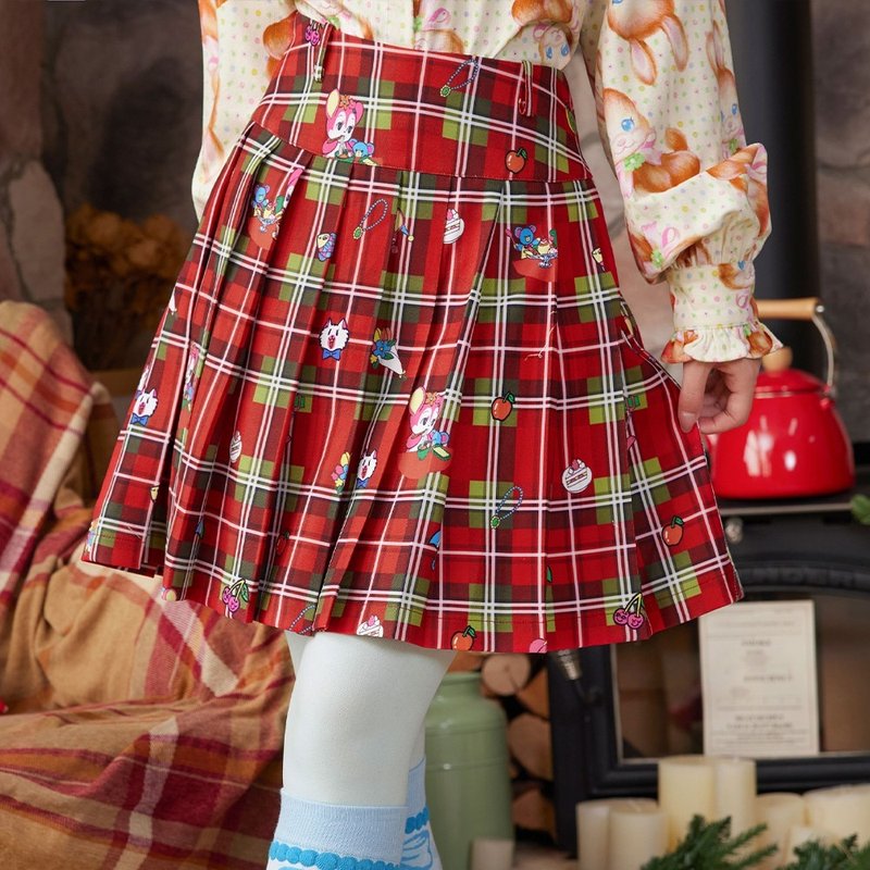 アウトレット品 レッドチェック柄クリスマスベア秋冬厚手スカートプリーツスカート - 裙子/長裙 - 聚酯纖維 紅色