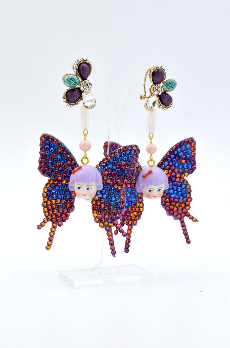 TIMBEE LO Crystal Butterfly Doll Fairy Earrings Swarovski Crystal Art Ornament - ต่างหู - วัสดุอื่นๆ หลากหลายสี