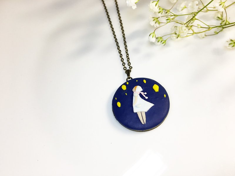 Little Girl story of Sky lantern | Photo Locker of polyermer Clay Pendant - Necklaces - Clay Blue