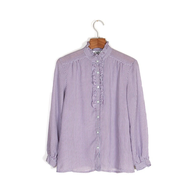 [Vintage] eggplant purple grid printing vintage shirt - Women's Shirts - Polyester Purple