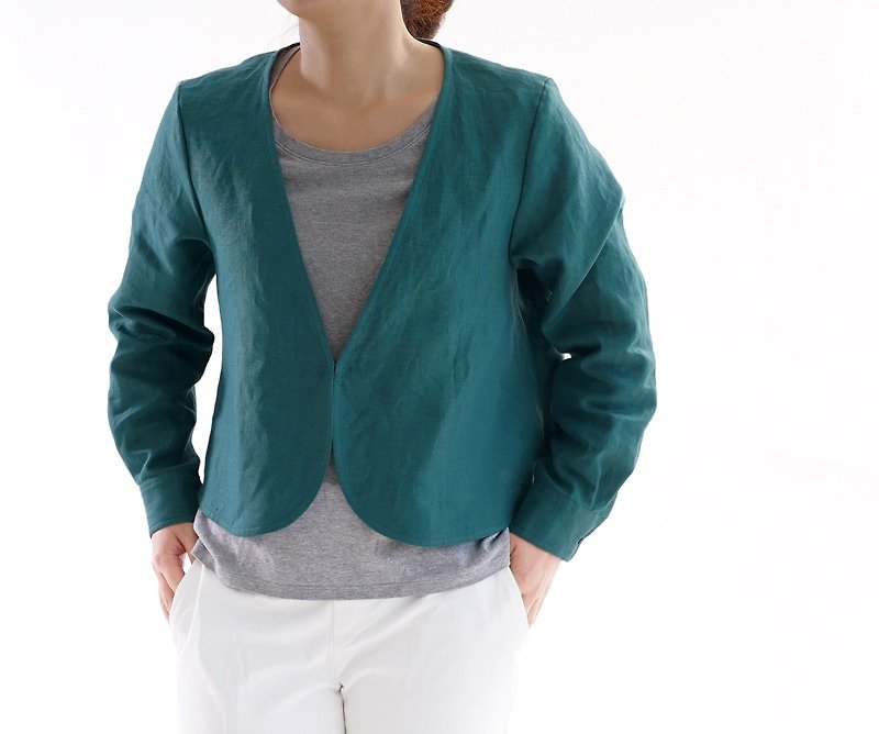 Belgium linen cuff shirt sleeve V neck bolero / empire green h001c-epb2 - เสื้อแจ็คเก็ต - ผ้าฝ้าย/ผ้าลินิน สีเขียว