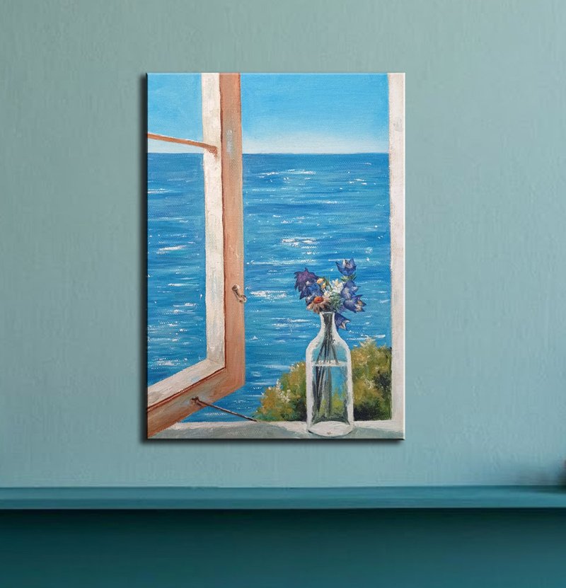 Sea Painting 原畫 掛畫 Flowers Painting, Hand-Painted Art, Original Painting 風景掛畫 - โปสเตอร์ - วัสดุอื่นๆ สีน้ำเงิน