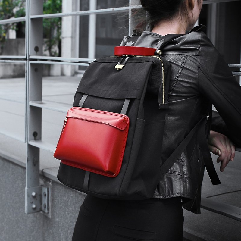 Double Plan detachable leather small canvas backpack-black / red - Backpacks - Cotton & Hemp Red