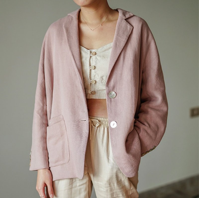 Pink | Like a dream French loose elegant cotton suit embroidered rags nine sleeves casual jacket - เสื้อแจ็คเก็ต - ผ้าฝ้าย/ผ้าลินิน สึชมพู