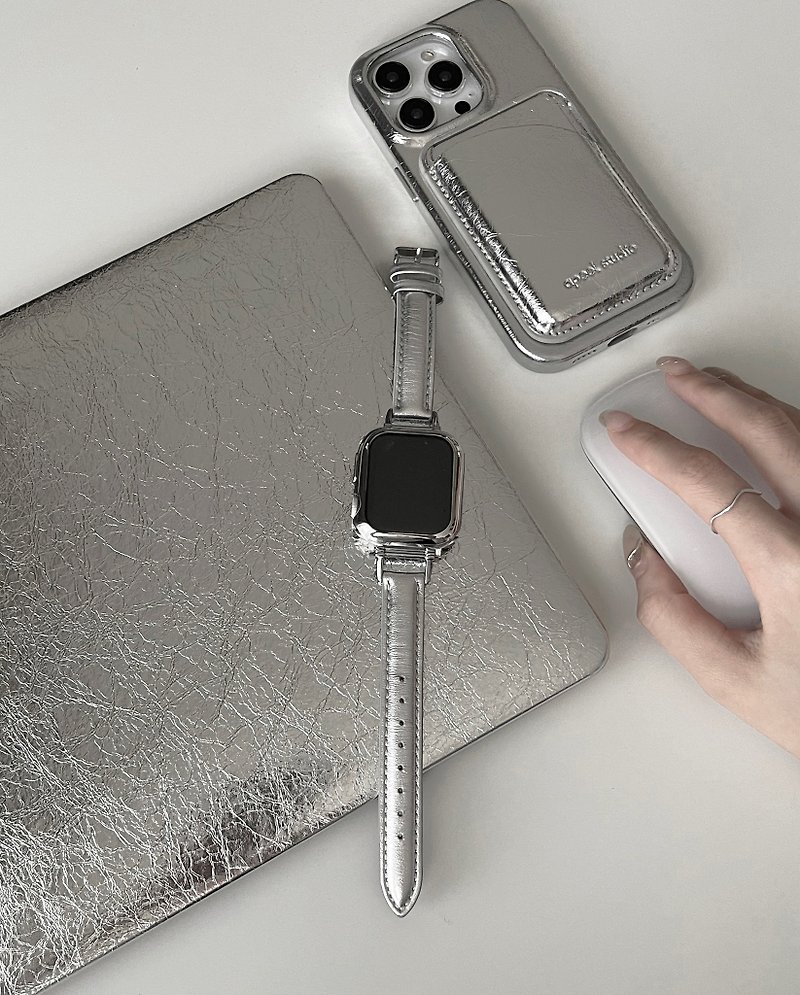 銀色 Apple Watch 細款真皮錶帶 APEEL STUDIO - 錶帶 - 真皮 銀色