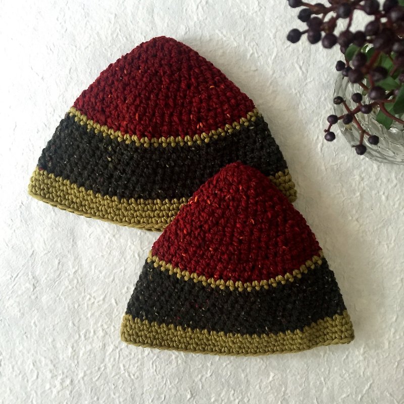 "山形"輕羊毛帽子  限量品(小號）   磚紅 x 墨綠色 - 帽子 - 羊毛 紅色