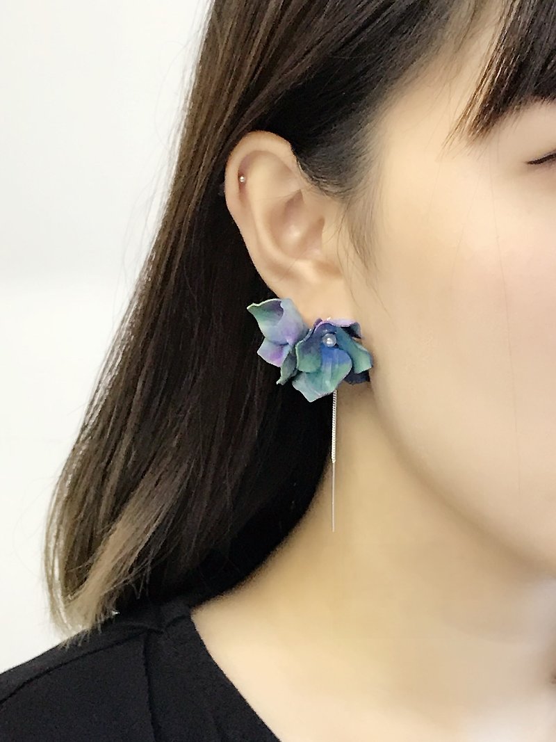 Hand-dyed Blue & Green Leather Hydrangea Earrings - Earrings & Clip-ons - Genuine Leather Multicolor