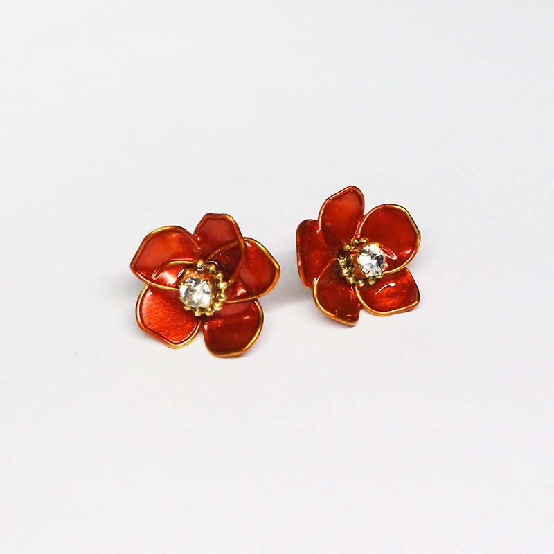 half's half/ blossom( large,red)-flowers/earrings/ear pin/clip earrings - ต่างหู - วัสดุอื่นๆ สีแดง