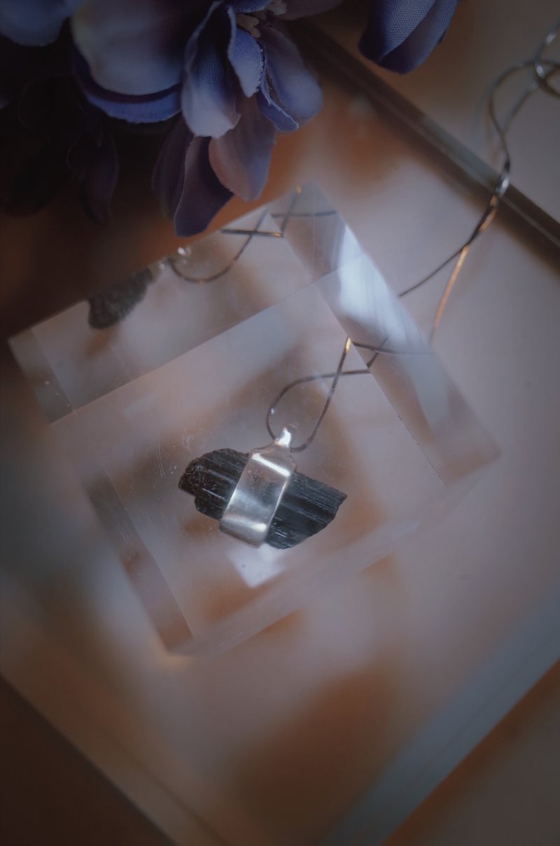 黑碧璽/925銀/蛇鏈項鍊 - 項鍊 - 銀 銀色