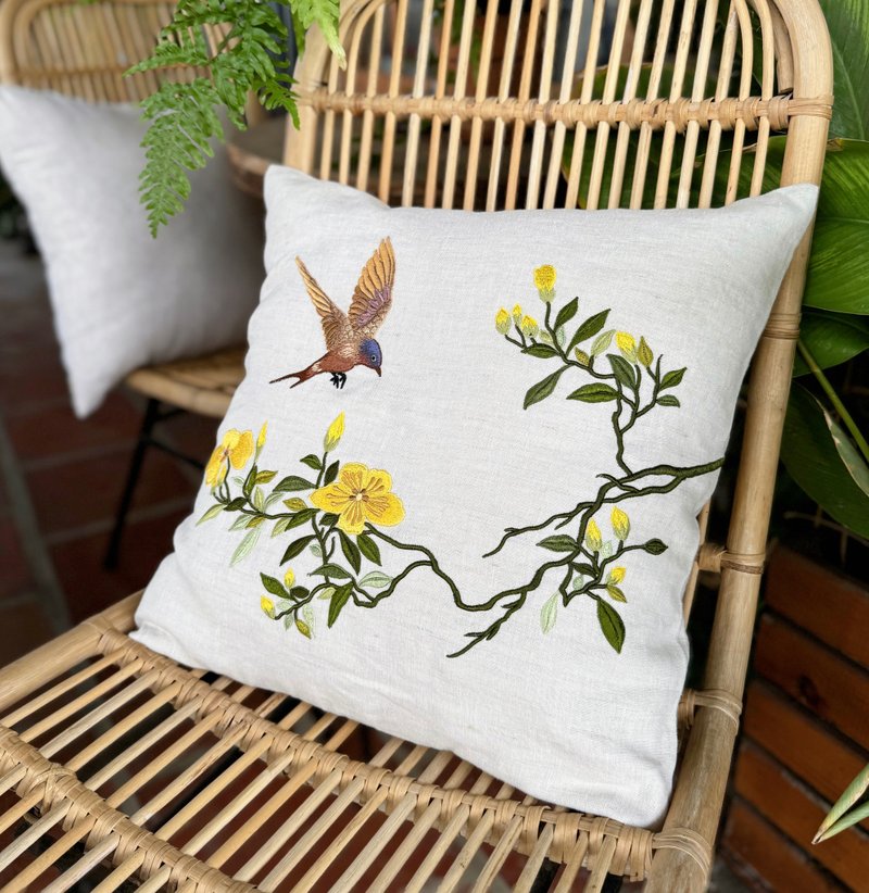 Hand-Embroidered Linen Cushion Cover: Botanical Art Bird & Apricot Blossom - 枕頭/抱枕 - 亞麻 卡其色
