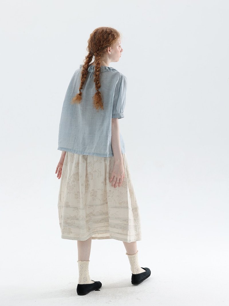 Vintage Original Linen Elastic Waist Jacquard A-Line Skirt - กระโปรง - ผ้าฝ้าย/ผ้าลินิน หลากหลายสี