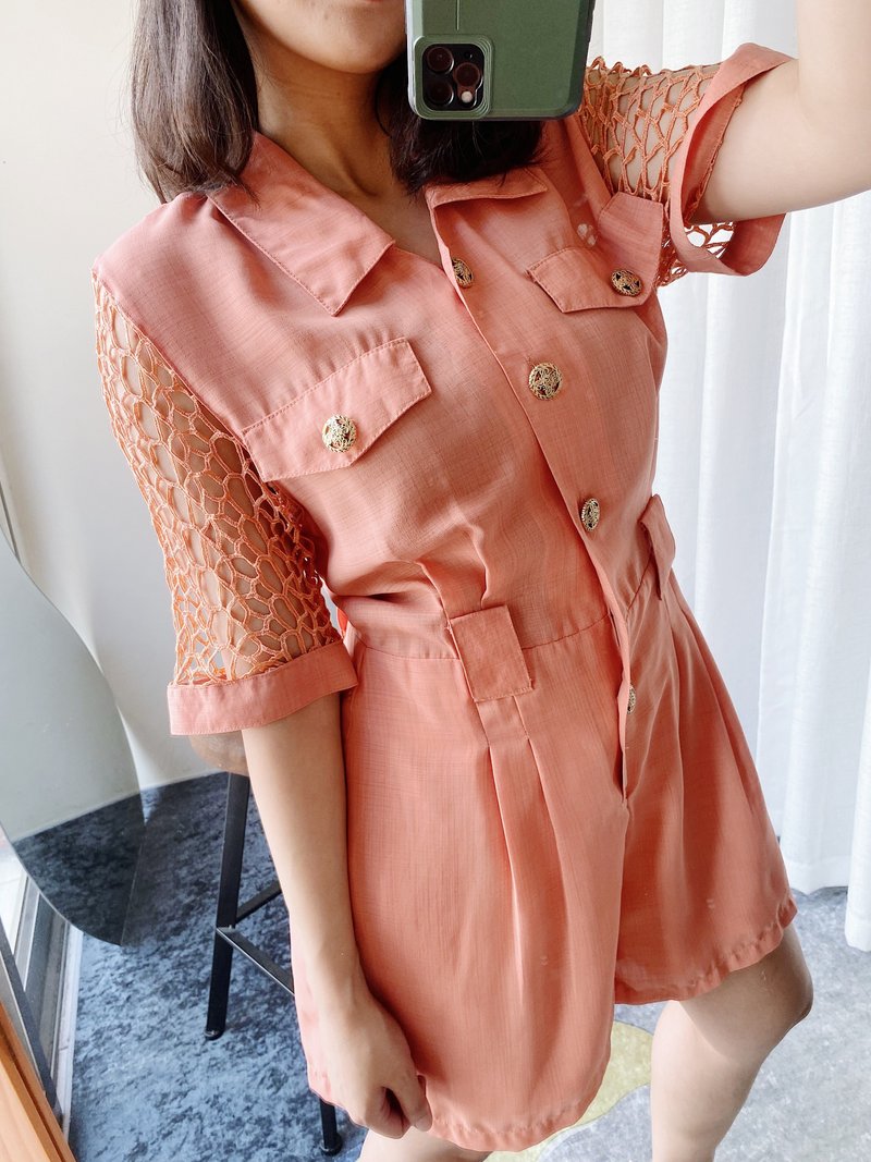 嫩橙橘蕾絲簍空袖浪漫女孩 古著紡紗連身褲吊帶褲 overalls - 吊帶褲/連身褲 - 聚酯纖維 橘色