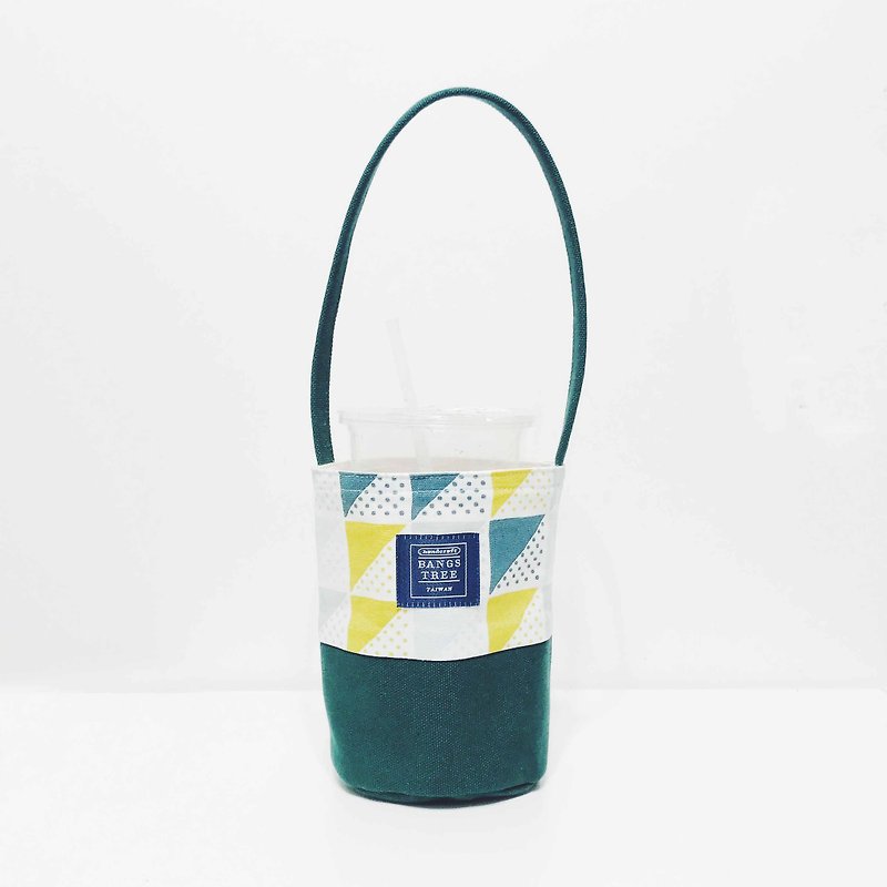 Drink bag - yellow green triangle geometry - ถุงใส่กระติกนำ้ - ผ้าฝ้าย/ผ้าลินิน สีเขียว