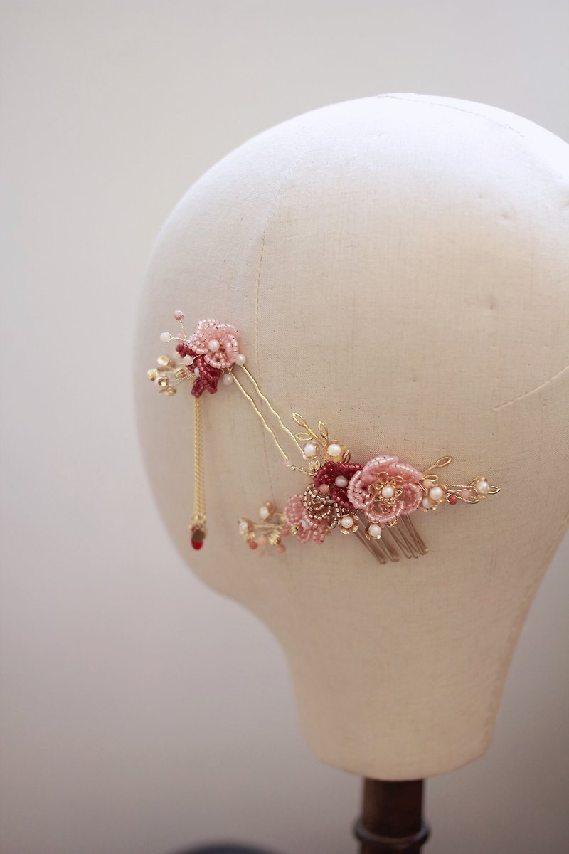 Bridal Headpiece 華麗新娘中式頭飾 - 串珠花型款 (一套2件) - 髮夾/髮飾 - 玻璃 紅色