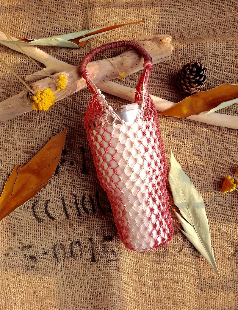 American twine hand-woven green bag - rose - thermos - bottle - hand cup - ice dam cup - Beverage Holders & Bags - Cotton & Hemp Pink