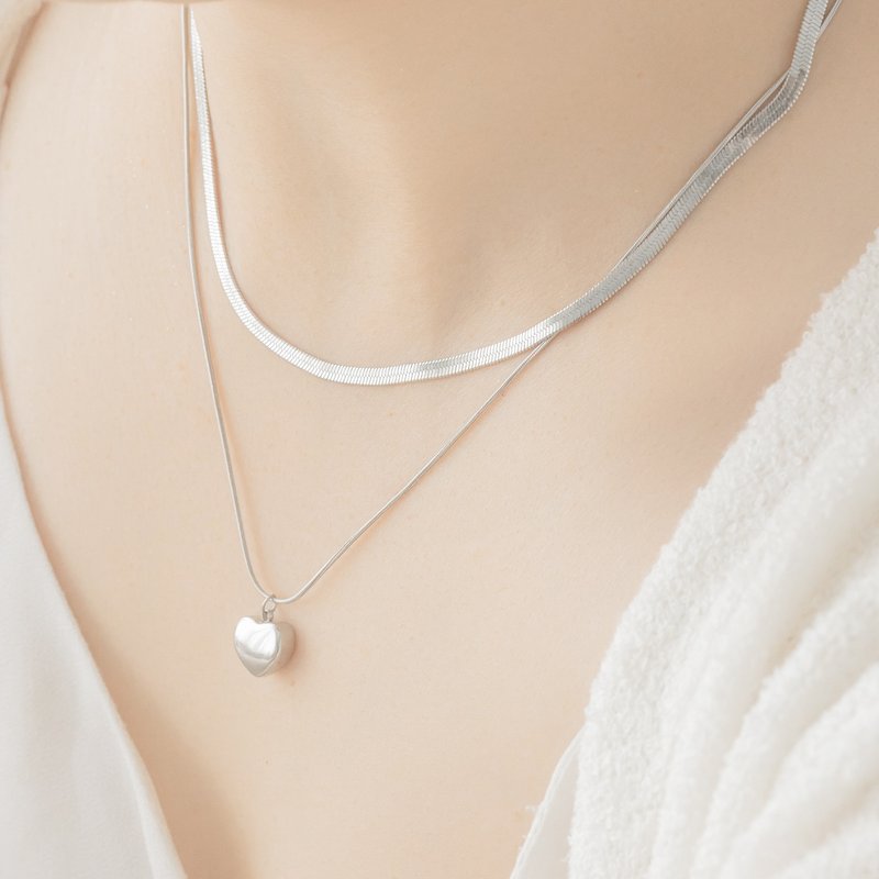 【客製化刻字】蛇鍊愛心吊墜組合 - 項鍊 - 不鏽鋼 銀色