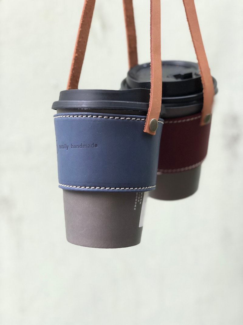 Leather splicing beverage cup holder-vegetable tanned cow leather-COLOR dark blue - Beverage Holders & Bags - Genuine Leather Blue
