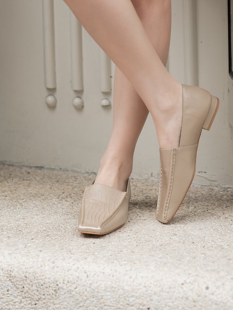 樹皮狀蜥蜴紋-方頭穆勒鞋-香檳色 - 女牛津鞋/樂福鞋 - 真皮 金色