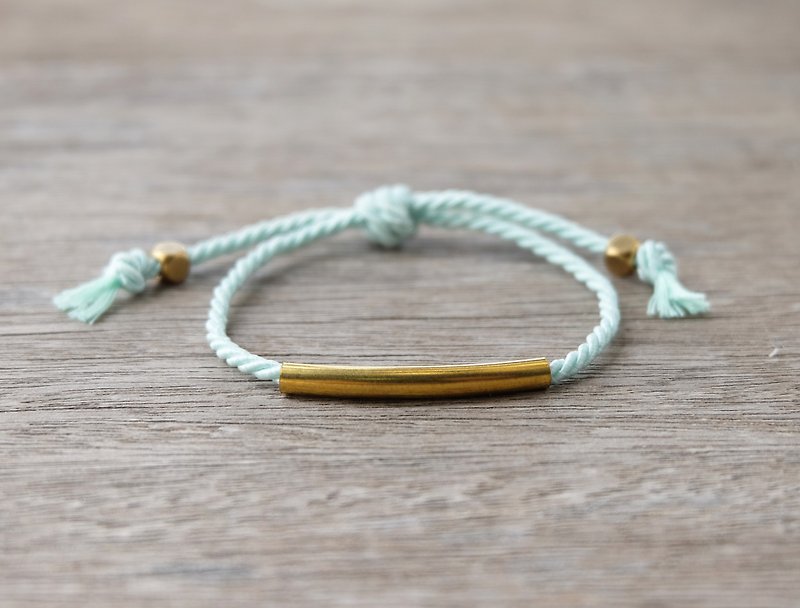 Light mint twisted rope with brass tube bracelet - สร้อยข้อมือ - วัสดุอื่นๆ สีเขียว