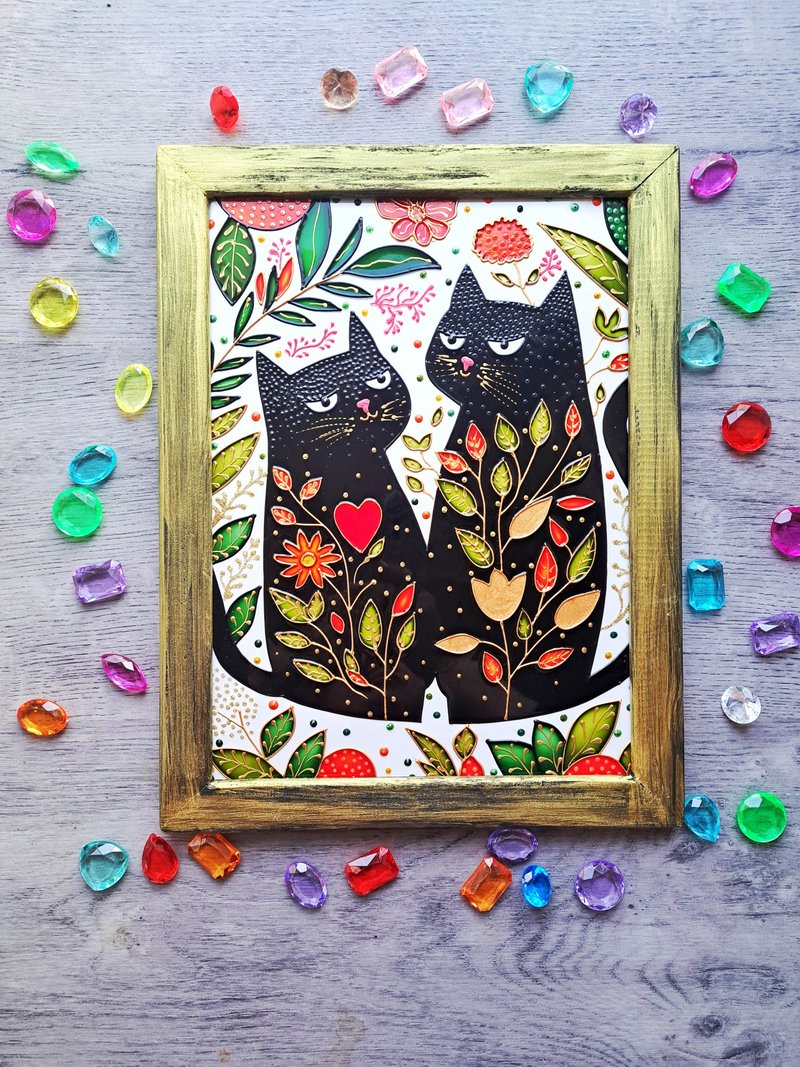 彩色玻璃画对猫结婚礼物独特的现代墙艺术装饰 - 壁貼/牆壁裝飾 - 玻璃 多色