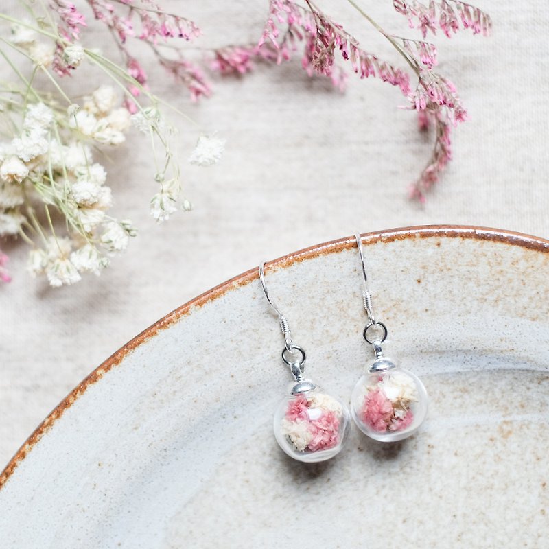 Flower Viewing / 925 Silver Dangle Earrings / Glass Dome Earrings - Earrings & Clip-ons - Glass Pink