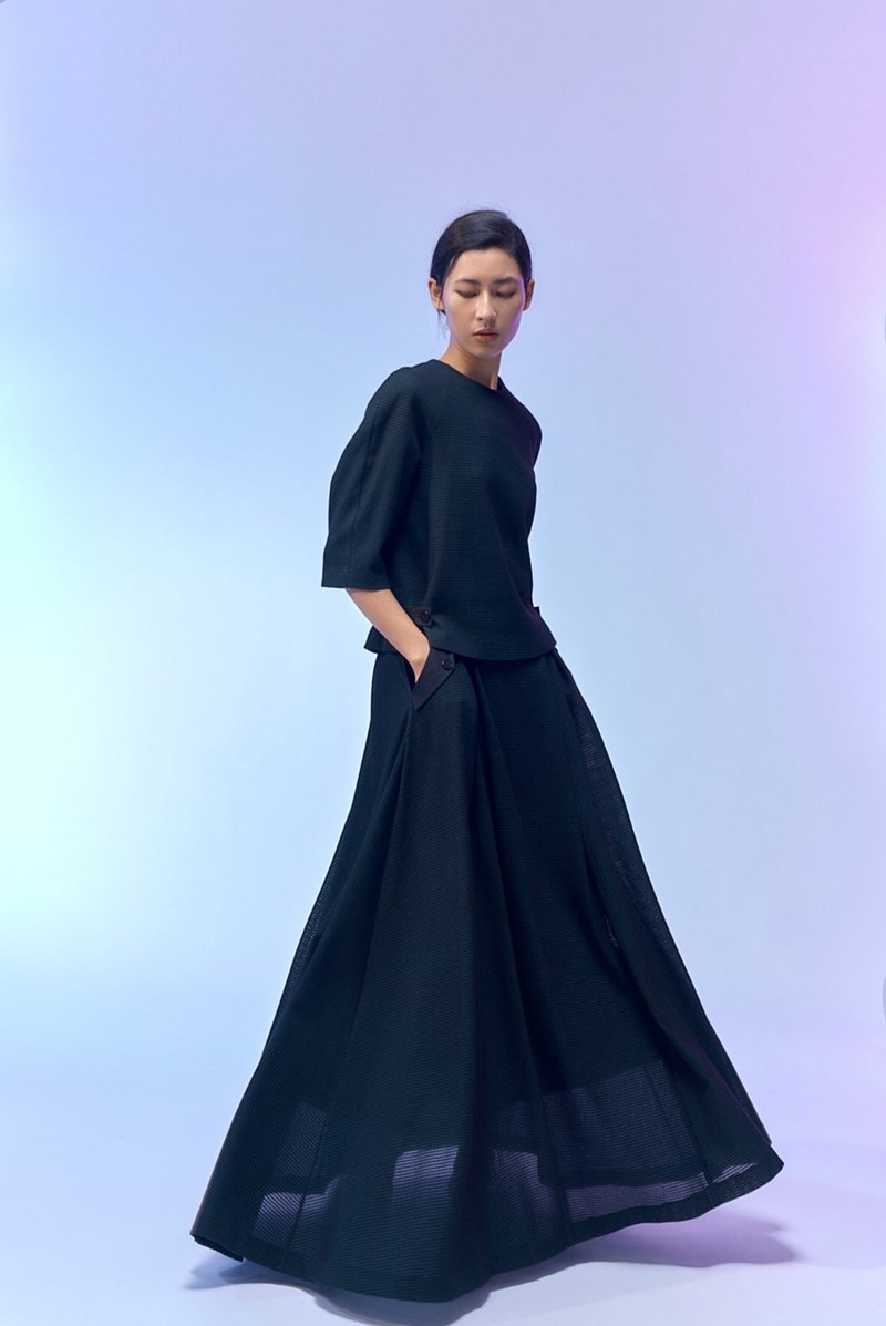 Black Plaid Long Skirt - กระโปรง - ผ้าฝ้าย/ผ้าลินิน สีดำ