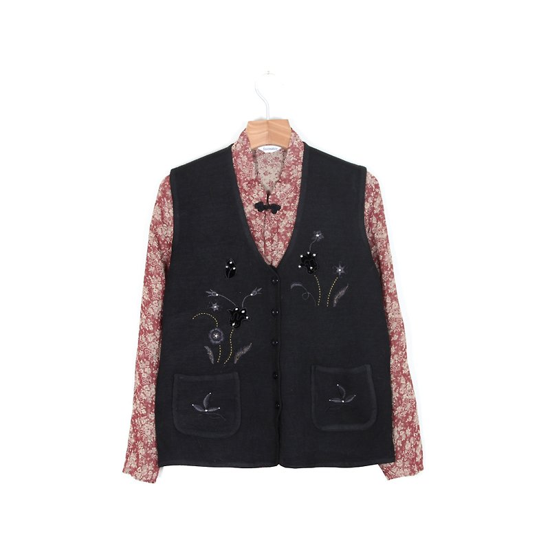 [Egg plant ancient] night flower embroidery wool ancient vest - Women's Vests - Wool Black