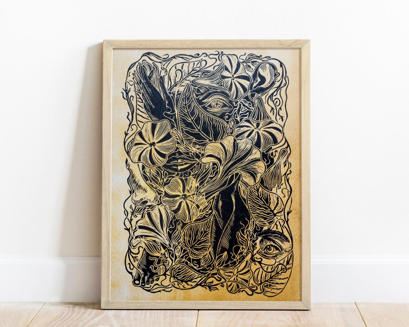 Linocut print Gold paper and black Human among nature Flowers wall art Botanical - 海報/掛畫/掛布 - 紙 金色