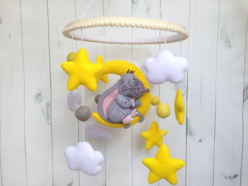 DesignerSvetaAris Gray Elephant Baby Mobile, Felt Crib Mobile, Cot Nursery Decor, Moon, Stars