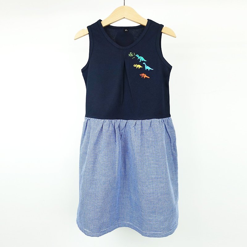 Urb Dinosaur Eraser Girl Splicing Dress - ชุดเด็ก - ผ้าฝ้าย/ผ้าลินิน สีน้ำเงิน