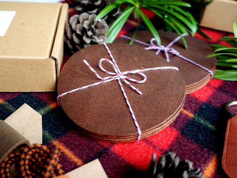 Leather wine glass coaster (set of 4) - 杯墊 - 真皮 咖啡色
