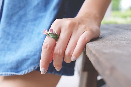 GOODAFTERNINE Freesia Ring, Pink Freesia, Pink Flower, Enamel Jewelry