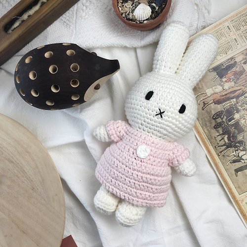 法國爸爸 x miffy 荷蘭Miffy米飛兔【miffy&粉紅洋裝】手工鉤針純棉娃娃療癒米菲兔