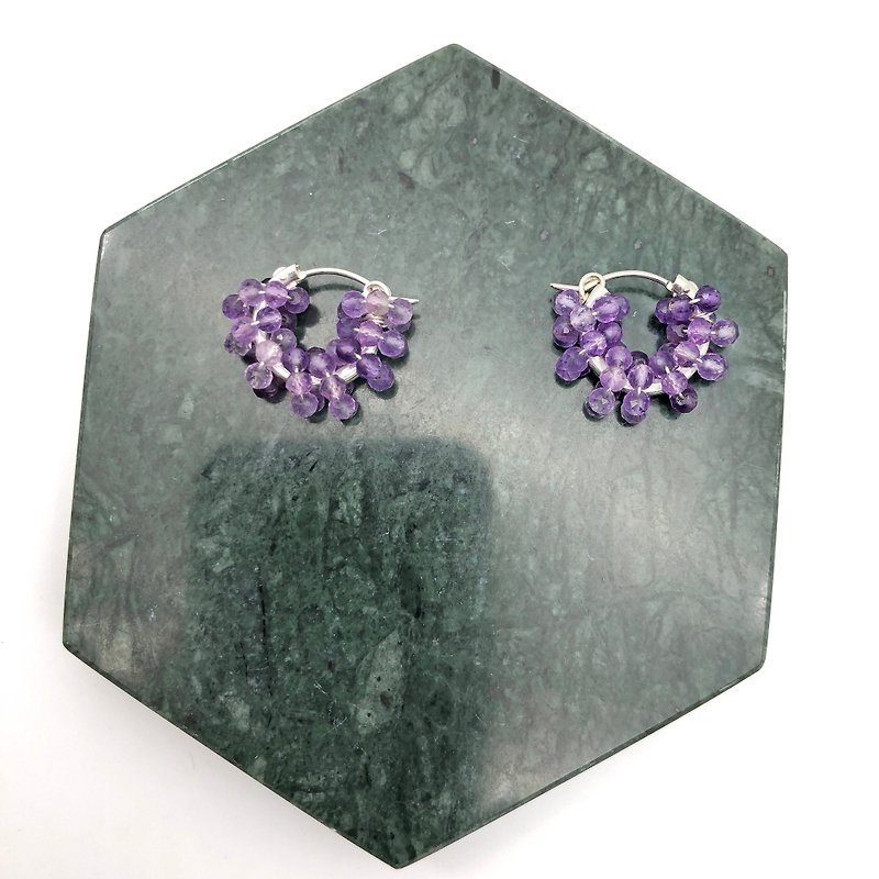 Violet Crystals 925 Silver Earrings 【Natural Stones】 【Purple Earrings】 【Gift】 - ต่างหู - เงินแท้ สีม่วง