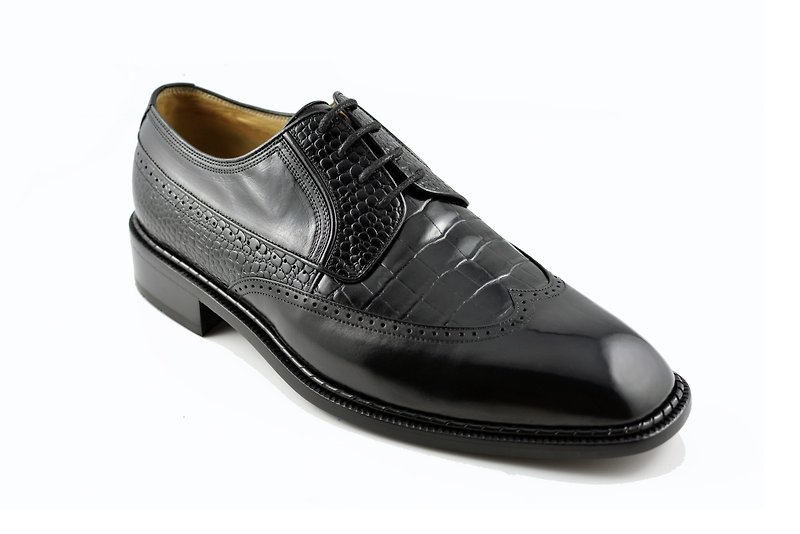 Three-section wing pattern Derby shoes imitation crocodile leather with carved edges-gentleman shoes, leather shoes, leather shoes - รองเท้าหนังผู้ชาย - หนังแท้ สีดำ