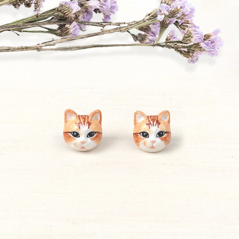 Orange Cat Earrings, Cat Stud Earrings, cat lover gifts - ต่างหู - ดินเหนียว สีส้ม