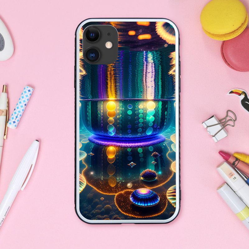 Mysterious deep sea smartphone case featuring colorful neon-colored shells and unknown creatures [tempered glass finish] iPhone 16 compatible - เคส/ซองมือถือ - พลาสติก หลากหลายสี