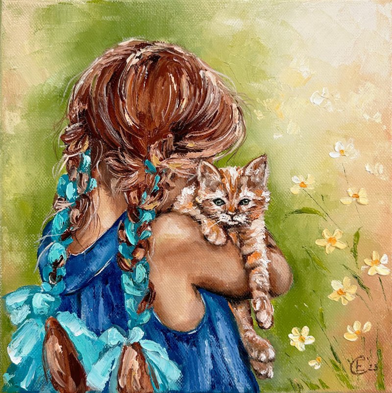 Girl and little kitten painting Original canvas art Daughter painting Cat art - 壁貼/牆壁裝飾 - 其他材質 