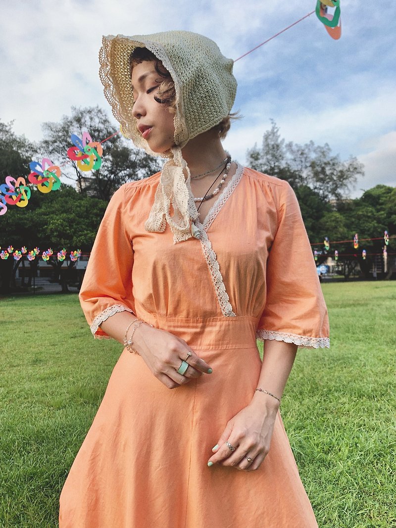 American handmade lace dress in the 1970s - One Piece Dresses - Cotton & Hemp Orange